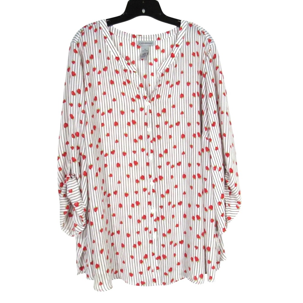 CATHERINES Georgette STRAWBERRY & STRIPES Button-Up BLOUSE/TOP Sz 3X 26/28W